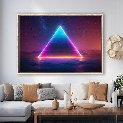 Neon Pyramid Canvas Print, Space Geometry Wall Decor, Starry Night Sky Painting, Framed Cavas Print, Floating Frame
