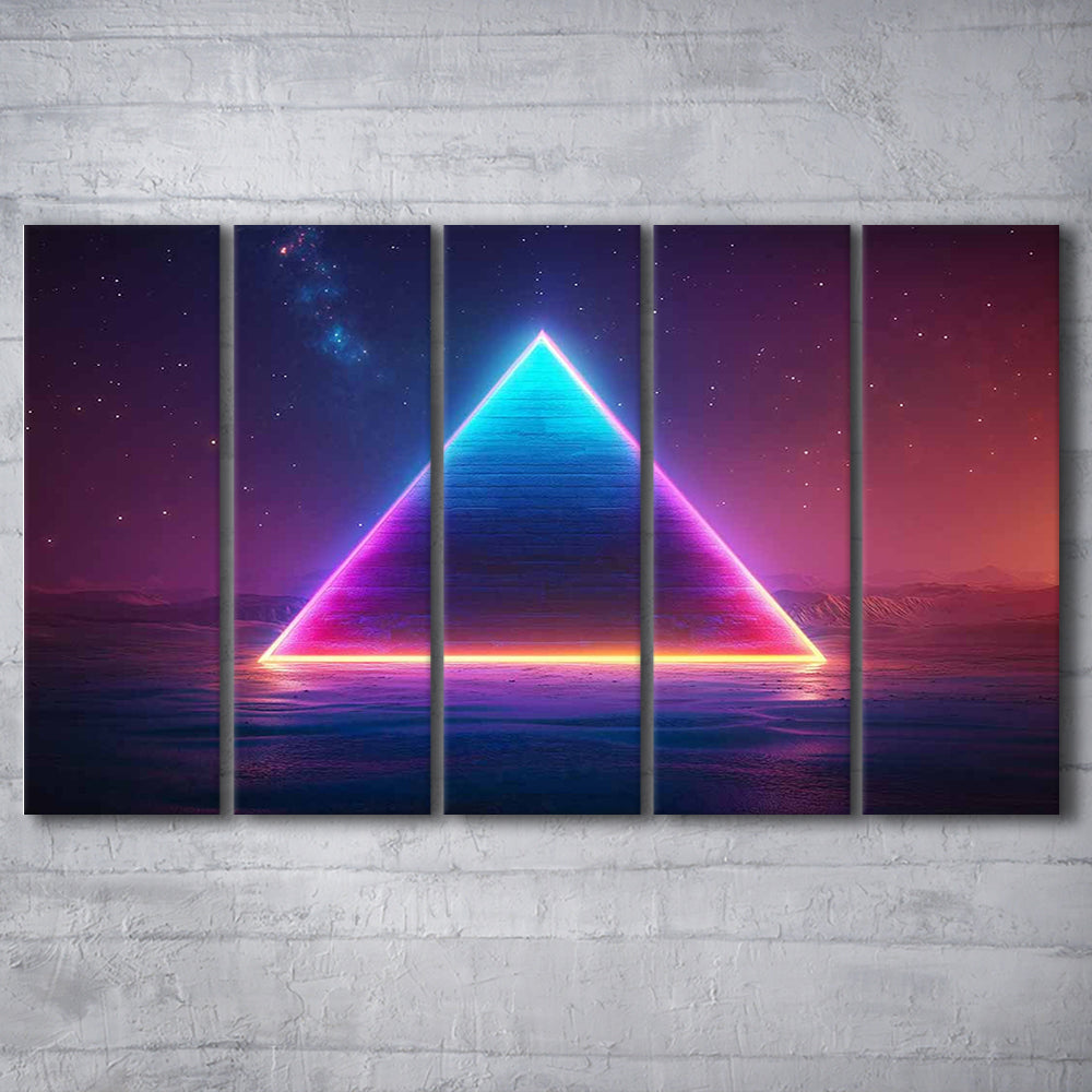 Neon Pyramid Canvas Print, Space Geometry Wall Decor, Starry Night Sky Painting, 5 Piece B Extra Large Cavas Print Wall Art