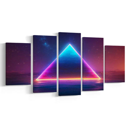 Neon Pyramid Canvas Print, Space Geometry Wall Decor, Starry Night Sky Painting, 5 Piece Large Cavas Print Wall Art
