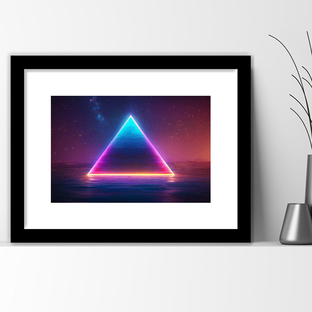 Neon Pyramid Art Print, Space Geometry Wall Decor, Starry Night Sky Painting, Framed Art Print White Border