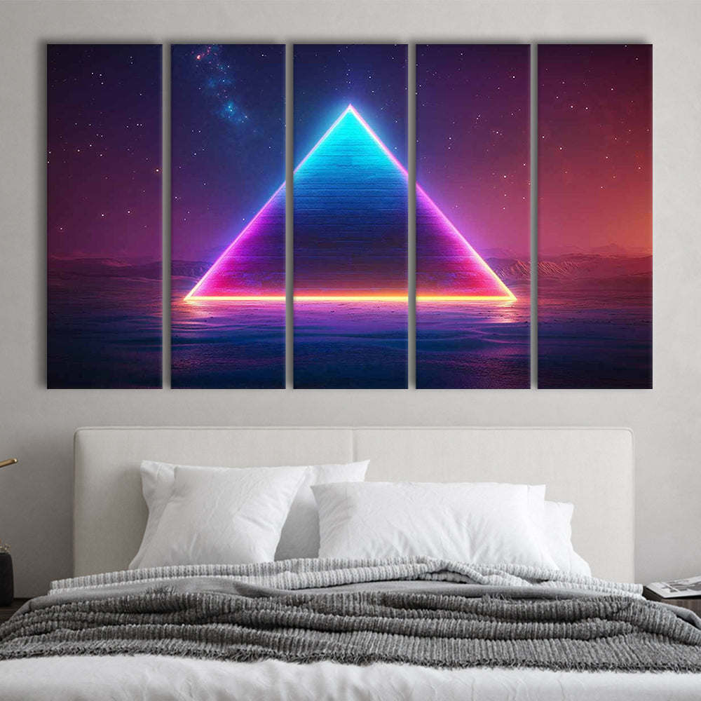 Neon Pyramid Canvas Print, Space Geometry Wall Decor, Starry Night Sky Painting, 5 Piece B Extra Large Cavas Print Wall Art