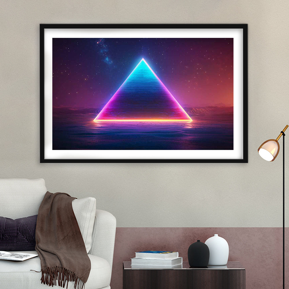 Neon Pyramid Art Print, Space Geometry Wall Decor, Starry Night Sky Painting, Framed Art Print White Border