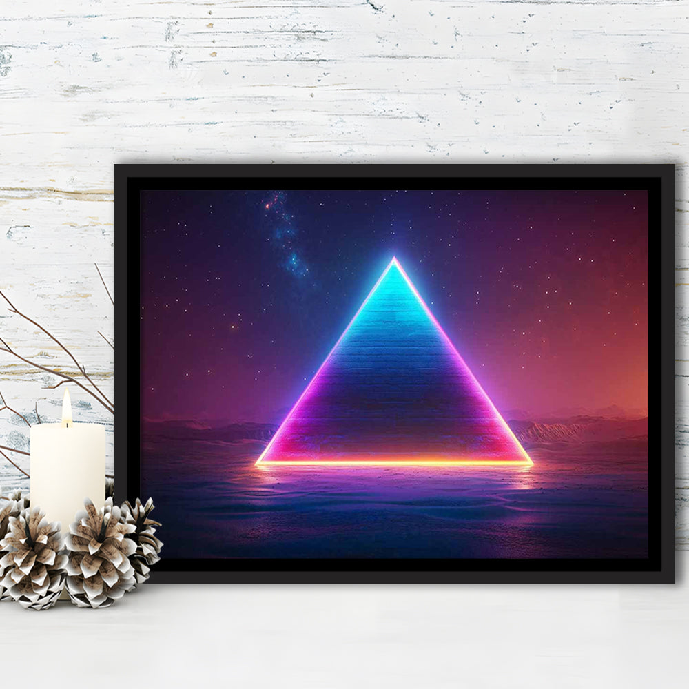 Neon Pyramid Canvas Print, Space Geometry Wall Decor, Starry Night Sky Painting, Framed Cavas Print, Floating Frame