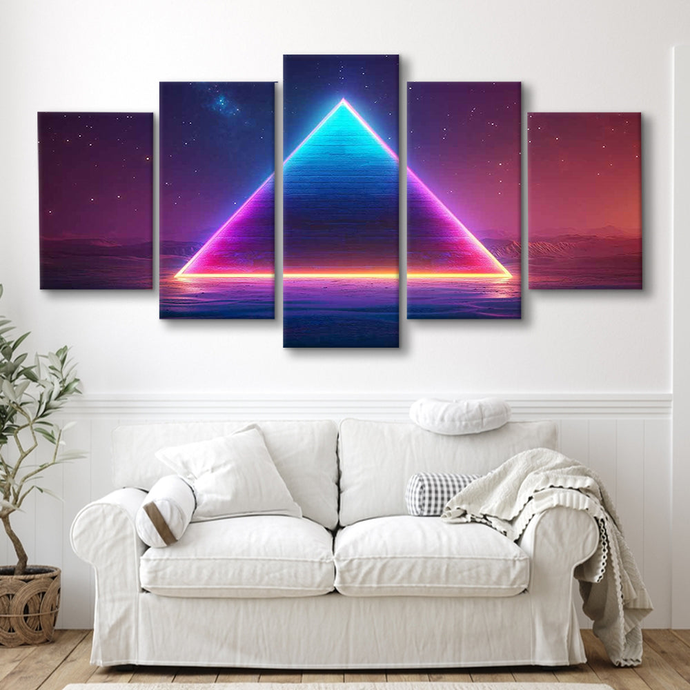 Neon Pyramid Canvas Print, Space Geometry Wall Decor, Starry Night Sky Painting, 5 Piece Large Cavas Print Wall Art