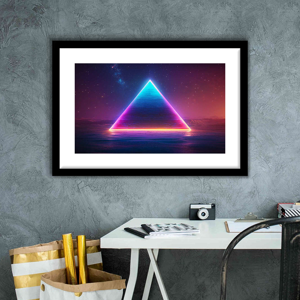 Neon Pyramid Art Print, Space Geometry Wall Decor, Starry Night Sky Painting, Framed Art Print White Border