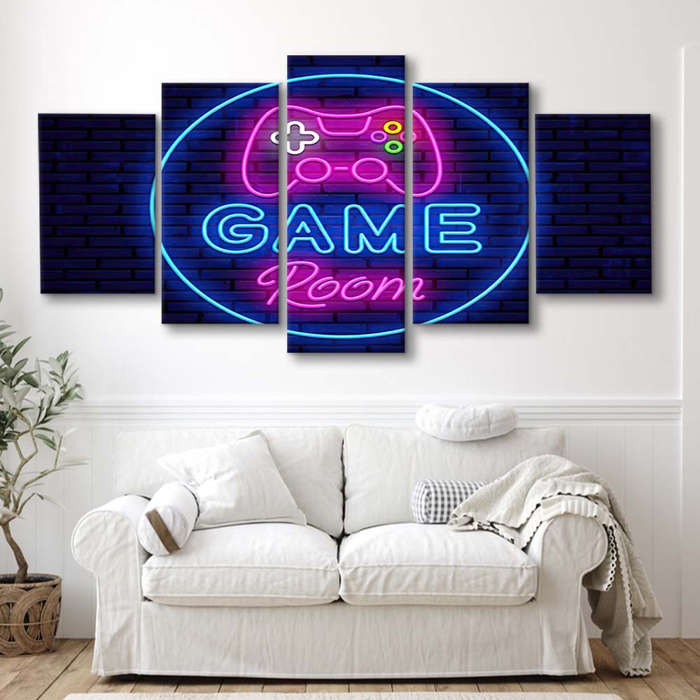 Neon Sign Art  Game Room Art Print, 5 Panel Mixed Canvas Print Wall Art, Home Decor, Neon Canvas