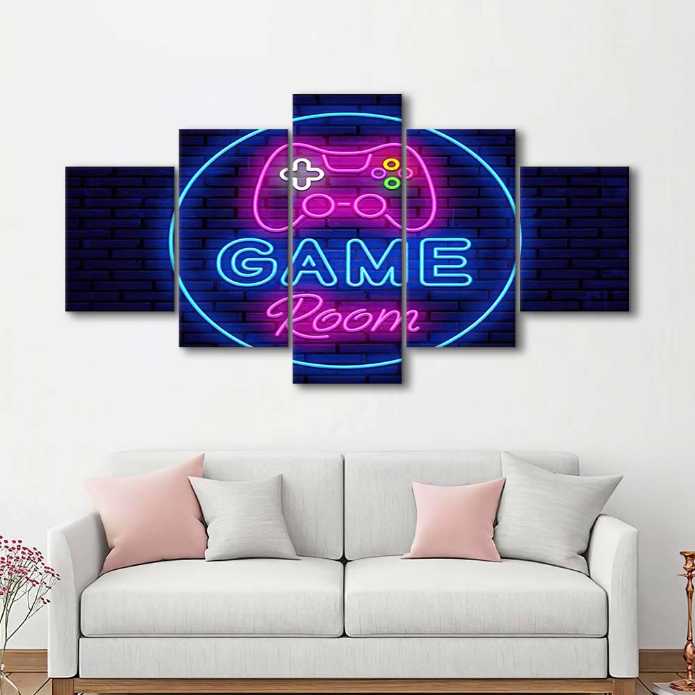 Neon Sign Art  Game Room Art Print, 5 Panel Mixed Canvas Print Wall Art, Home Decor, Neon Canvas