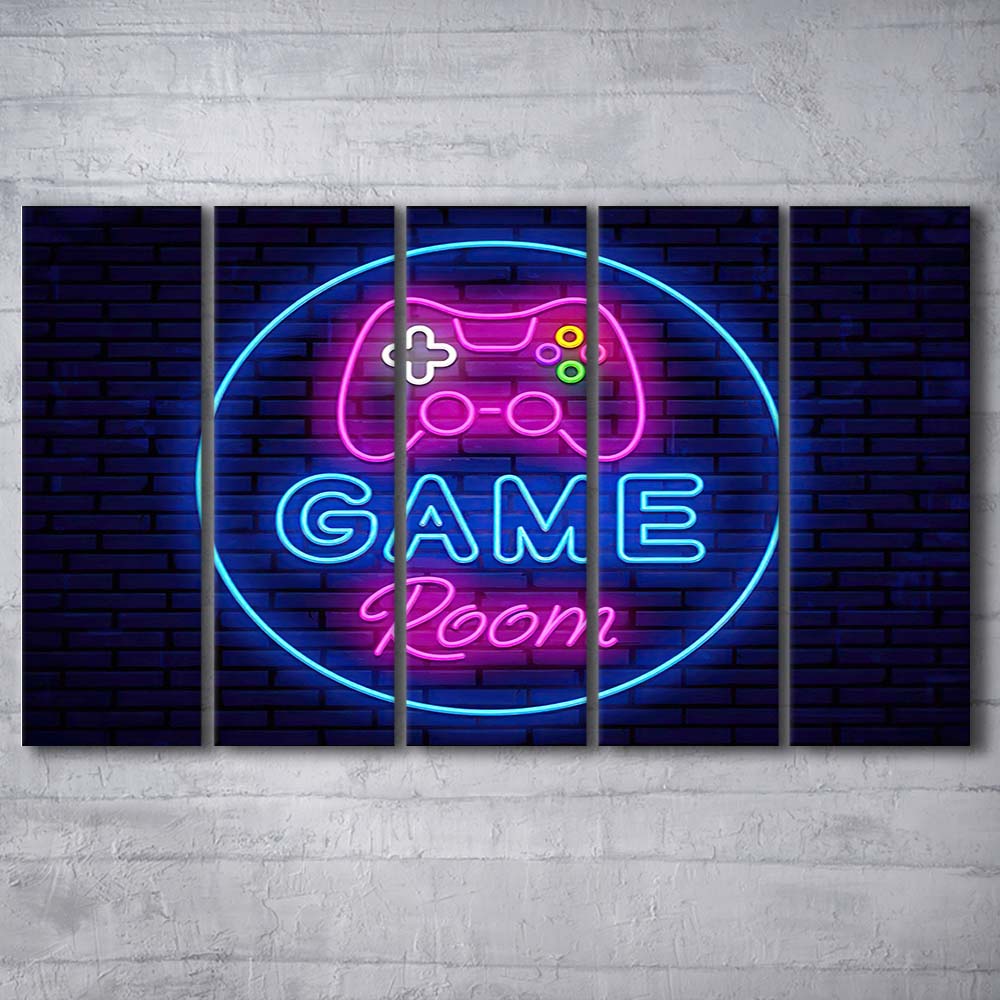 Neon Sign Art  Game Room Art Print, Extra Large 5 Panels Multi Canvas Print Wall Art, Home Decor