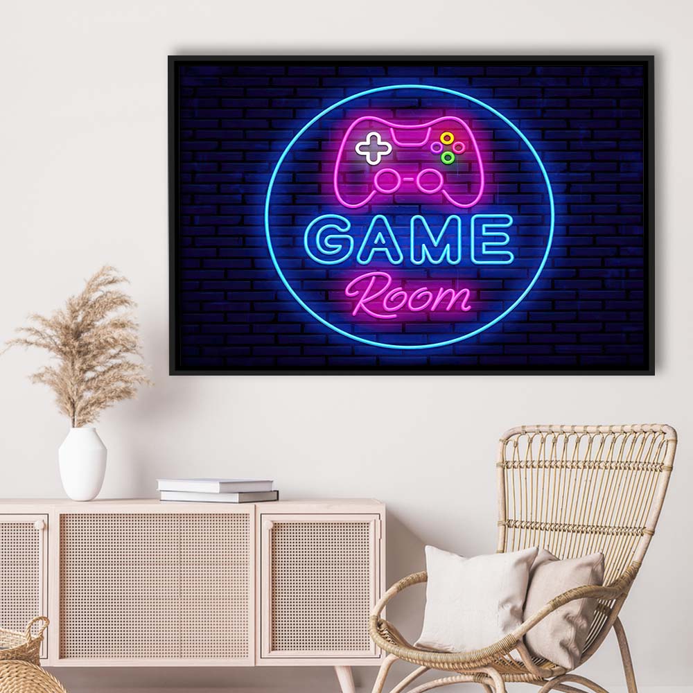 Neon Sign Art  Game Room Art Print, Framed Canvas Print Wall Art Decor, Floating Frame, Neon Effect Art