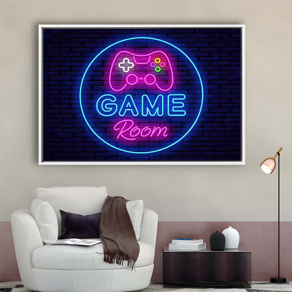 Neon Sign Art  Game Room Art Print, Framed Canvas Print Wall Art Decor, Floating Frame, Neon Effect Art