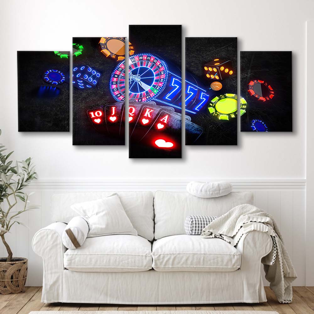 Neon Sign Art  Poker Game Room Art Art Print, 5 Panel Mixed Canvas Print Wall Art, Home Decor, Neon Canvas