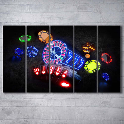 Neon Sign Art  Poker Game Room Art Art Print, Extra Large 5 Panels Multi Canvas Print Wall Art, Home Decor