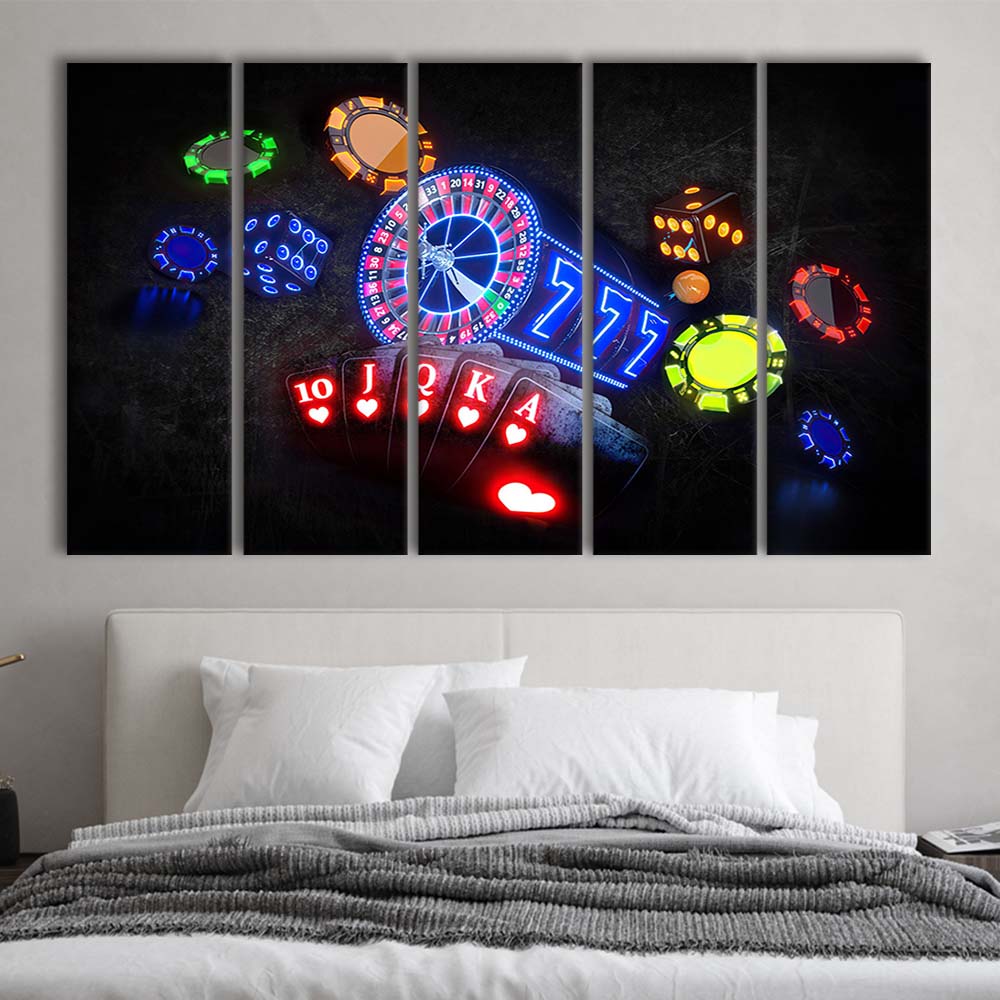 Neon Sign Art  Poker Game Room Art Art Print, Extra Large 5 Panels Multi Canvas Print Wall Art, Home Decor