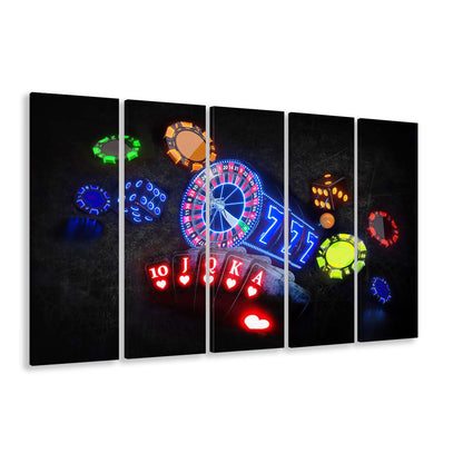 Neon Sign Art  Poker Game Room Art Art Print, Extra Large 5 Panels Multi Canvas Print Wall Art, Home Decor