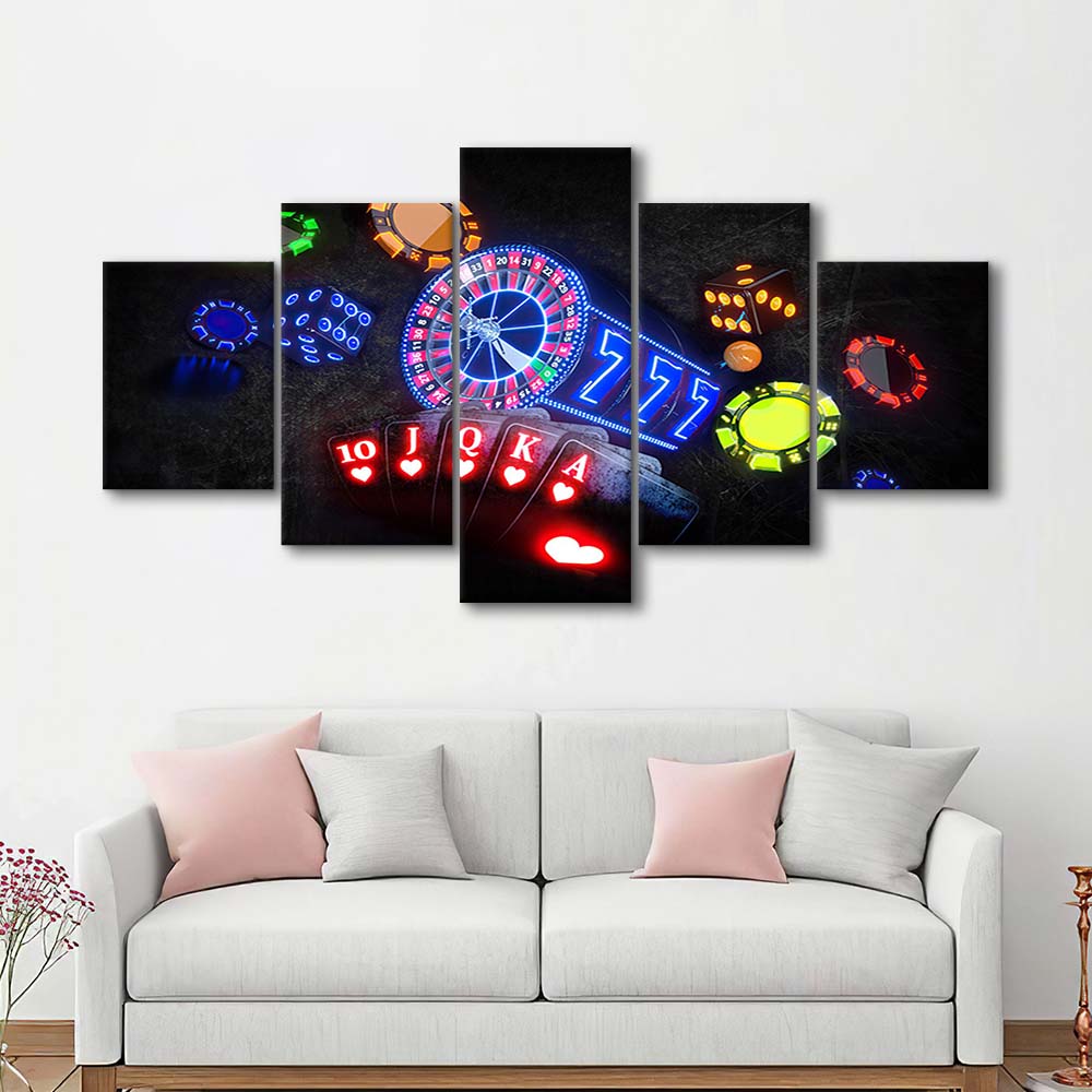 Neon Sign Art  Poker Game Room Art Art Print, 5 Panel Mixed Canvas Print Wall Art, Home Decor, Neon Canvas
