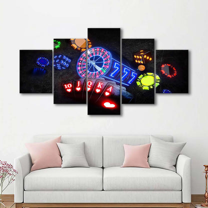 Neon Sign Art  Poker Game Room Art Art Print, 5 Panel Mixed Canvas Print Wall Art, Home Decor, Neon Canvas