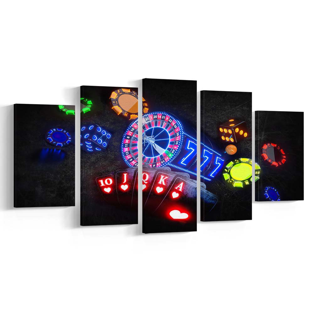 Neon Sign Art  Poker Game Room Art Art Print, 5 Panel Mixed Canvas Print Wall Art, Home Decor, Neon Canvas