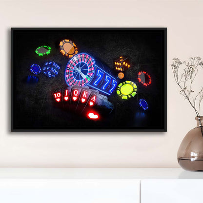 Neon Sign Art  Poker Game Room Art Art Print, Framed Canvas Print Wall Art Decor, Floating Frame, Neon Effect Art