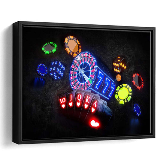 Neon Sign Art  Poker Game Room Art Art Print, Framed Canvas Print Wall Art Decor, Floating Frame, Neon Effect Art