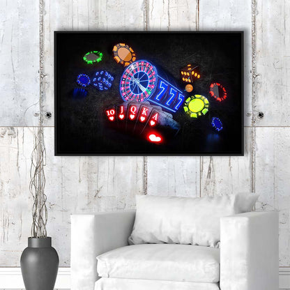 Neon Sign Art  Poker Game Room Art Art Print, Framed Canvas Print Wall Art Decor, Floating Frame, Neon Effect Art
