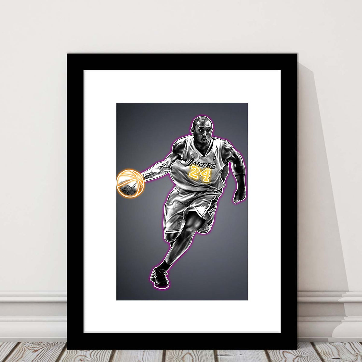 Neon Sign Effect Effect Art KB 24 Lakers, Framed Art Print, Luxury Pictures Framed, White Border