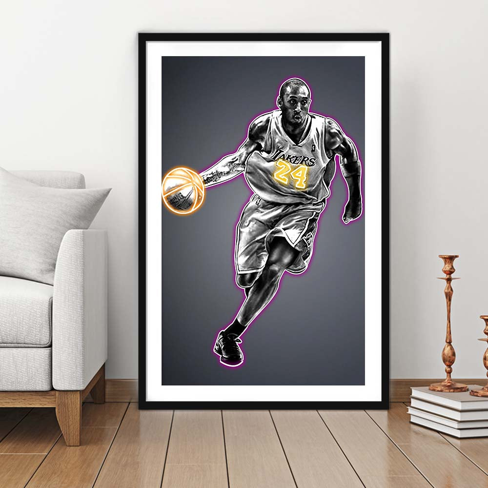 Neon Sign Effect Effect Art KB 24 Lakers, Framed Art Print, Luxury Pictures Framed, White Border