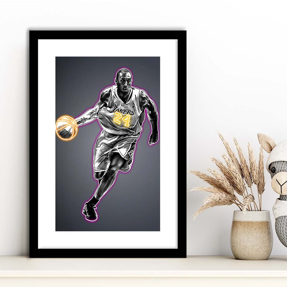 Neon Sign Effect Effect Art KB 24 Lakers, Framed Art Print, Luxury Pictures Framed, White Border