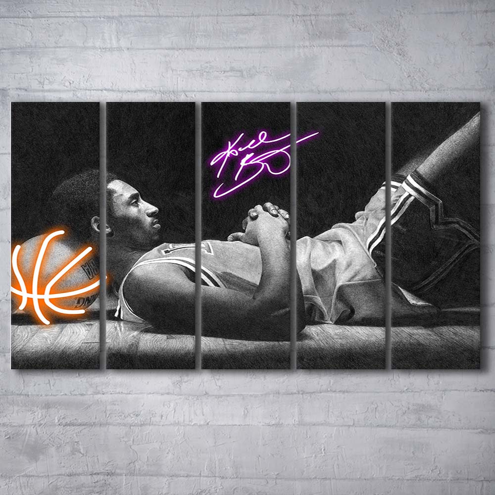 Neon Sign Effect Art  Kb Basketball Art Print, Extra Large 5 Panels Multi Canvas Print Wall Art, Home Decor