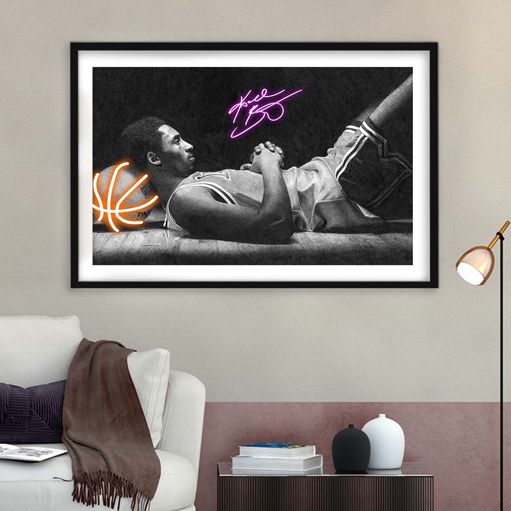 Neon Sign Effect Art  Kb Basketball Art Print, Framed Art Print Wall Decor, White Border, Framed Picture