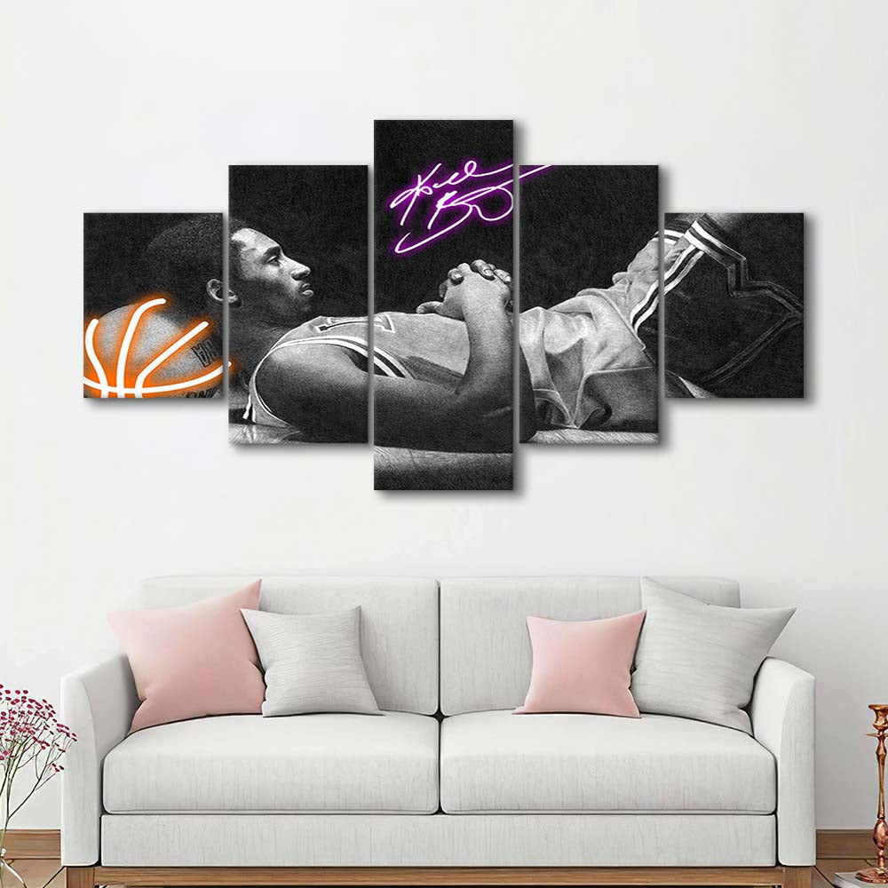 Neon Sign Effect Art  Kb Basketball Art Print, 5 Panel Mixed Canvas Print Wall Art, Home Decor, Neon Canvas