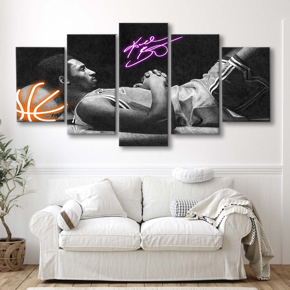 Neon Sign Effect Art  Kb Basketball Art Print, 5 Panel Mixed Canvas Print Wall Art, Home Decor, Neon Canvas