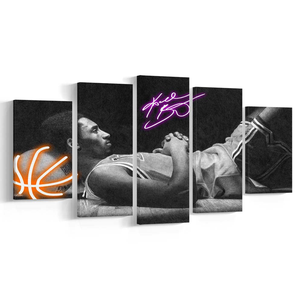 Neon Sign Effect Art  Kb Basketball Art Print, 5 Panel Mixed Canvas Print Wall Art, Home Decor, Neon Canvas