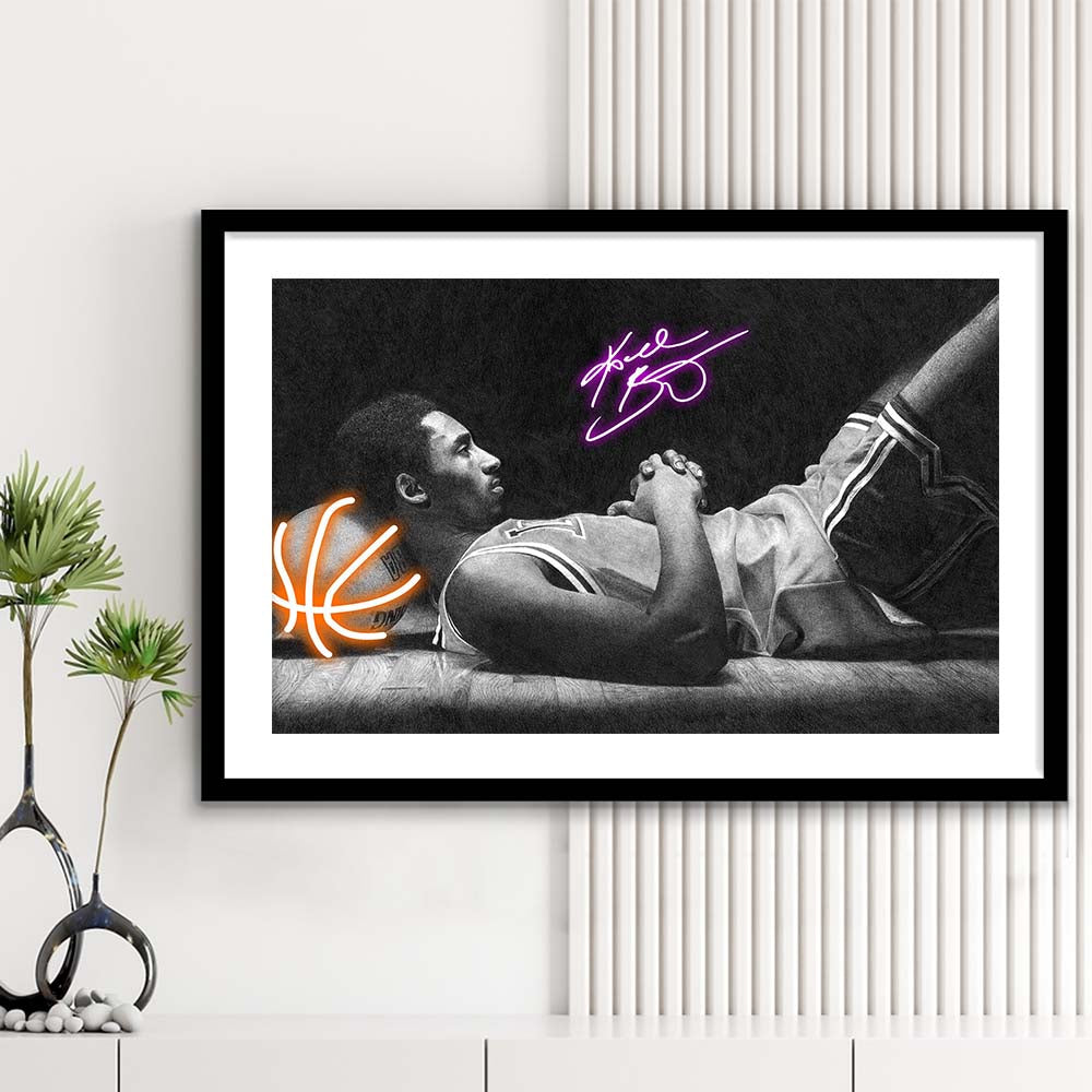 Neon Sign Effect Art  Kb Basketball Art Print, Framed Art Print Wall Decor, White Border, Framed Picture
