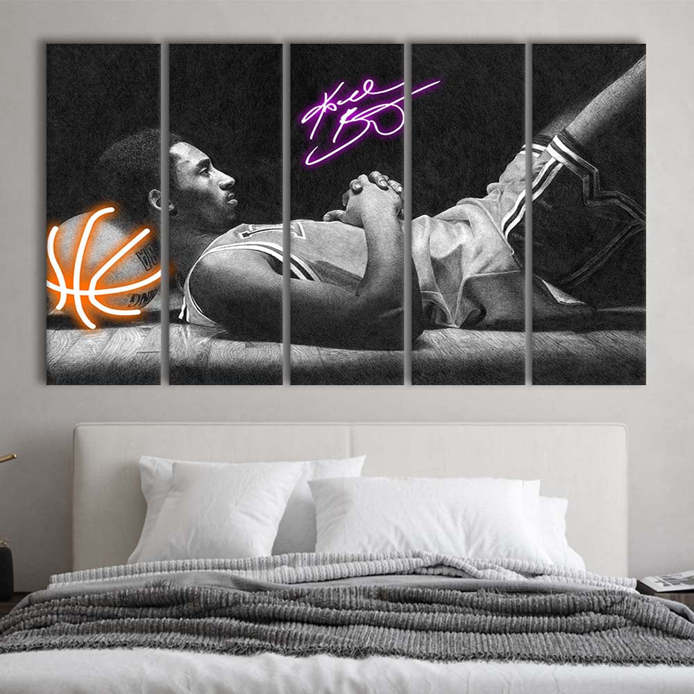 Neon Sign Effect Art  Kb Basketball Art Print, Extra Large 5 Panels Multi Canvas Print Wall Art, Home Decor