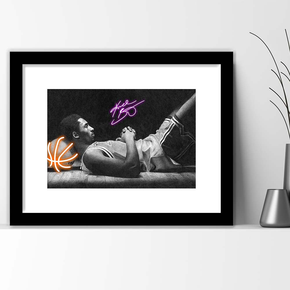 Neon Sign Effect Art  Kb Basketball Art Print, Framed Art Print Wall Decor, White Border, Framed Picture