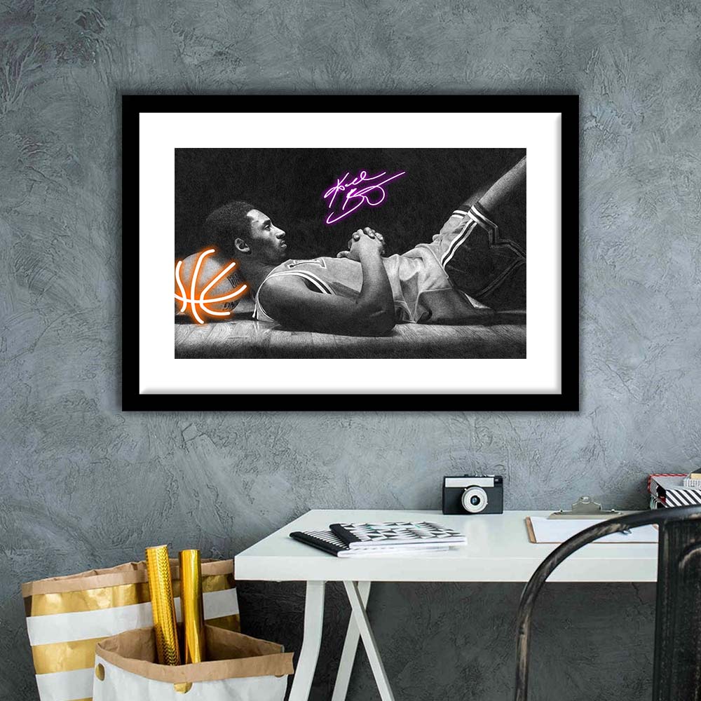 Neon Sign Effect Art  Kb Basketball Art Print, Framed Art Print Wall Decor, White Border, Framed Picture