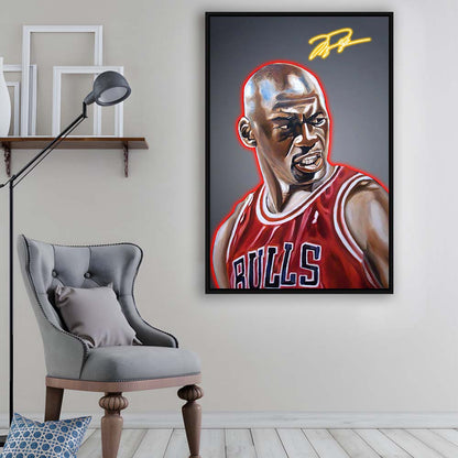 Neon Sign Effect Effect Art MJ Basketball, Framed Canvas Print, Floating Frame, Luxury Wall Art Decor