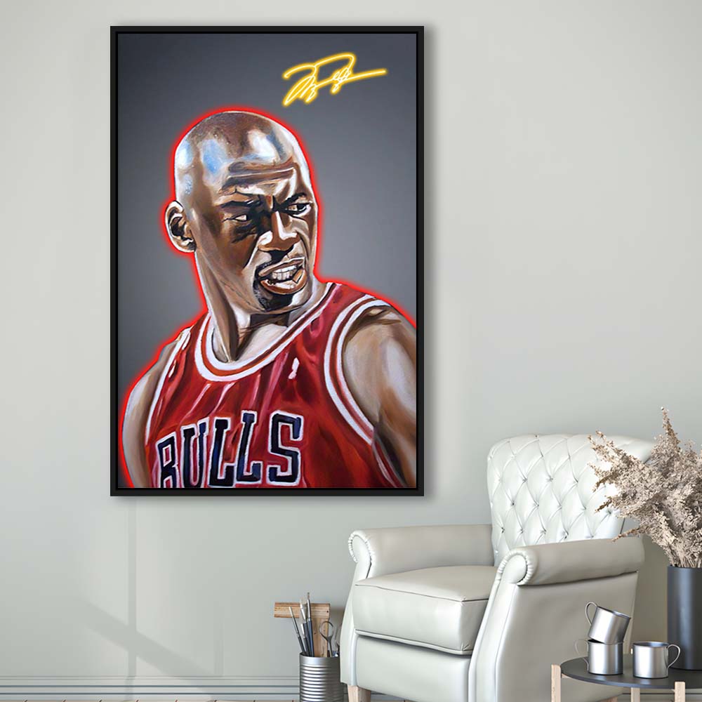 Neon Sign Effect Effect Art MJ Basketball, Framed Canvas Print, Floating Frame, Luxury Wall Art Decor