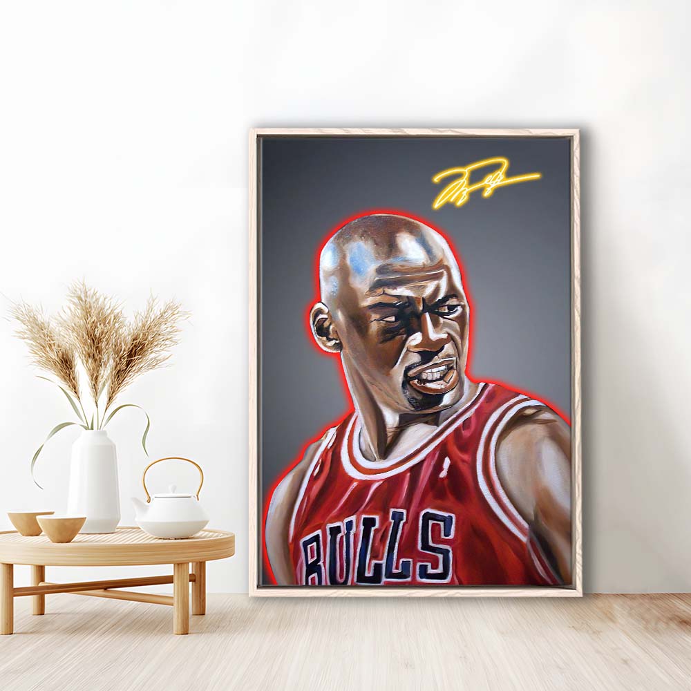 Neon Sign Effect Effect Art MJ Basketball, Framed Canvas Print, Floating Frame, Luxury Wall Art Decor