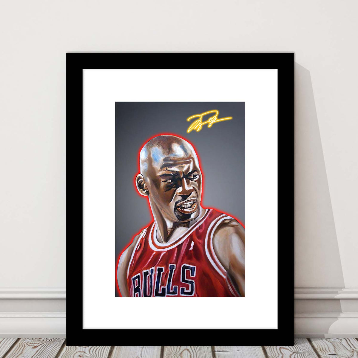 Neon Sign Effect Effect Art MJ Basketball, Framed Art Print, Luxury Pictures Framed, White Border