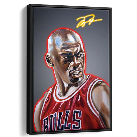 Neon Sign Effect Effect Art MJ Basketball, Framed Canvas Print, Floating Frame, Luxury Wall Art Decor
