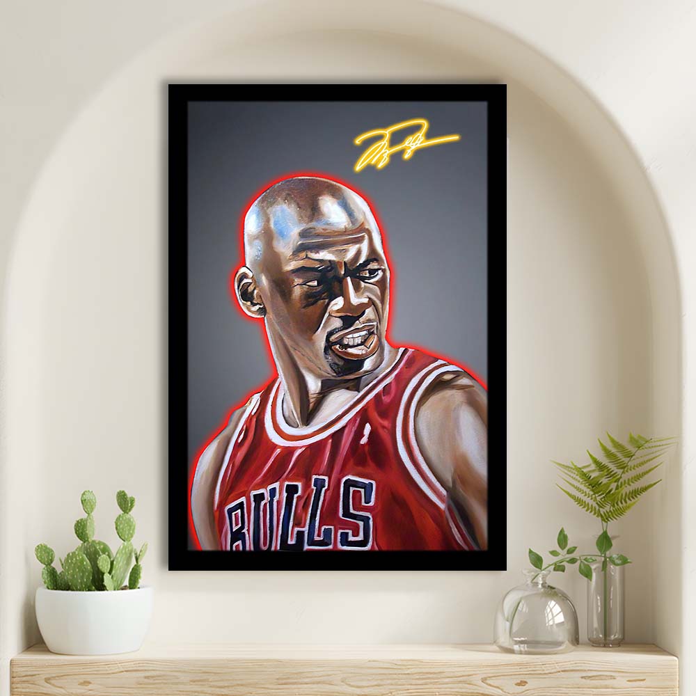 Neon Sign Effect Effect Art MJ Basketball, Framed Art Print, Picture Framed Wall Art Decor