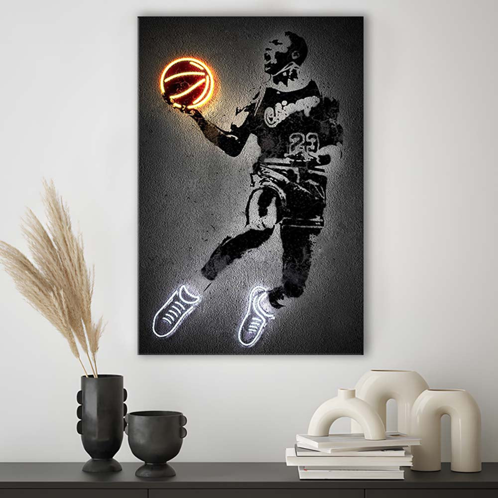 Neon Sign Effect Effect Art MJ Jordan Basketball, Canvas Print, Luxury Wall Art Decor, Modern Art