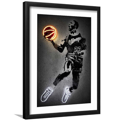 Neon Sign Effect Effect Art MJ Jordan Basketball, Framed Art Print, Luxury Pictures Framed, White Border
