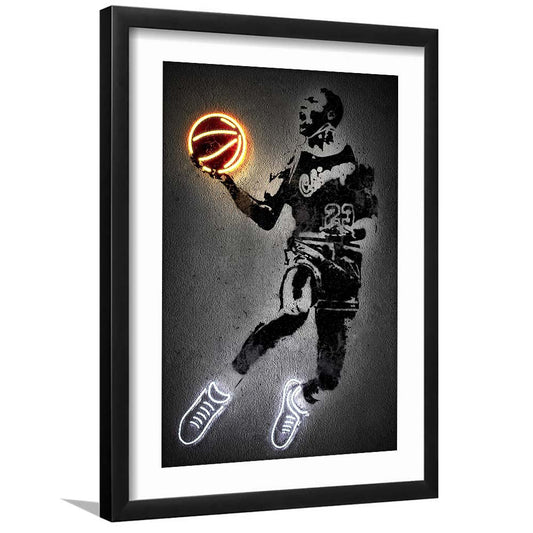 Neon Sign Effect Effect Art MJ Jordan Basketball, Framed Art Print, Luxury Pictures Framed, White Border
