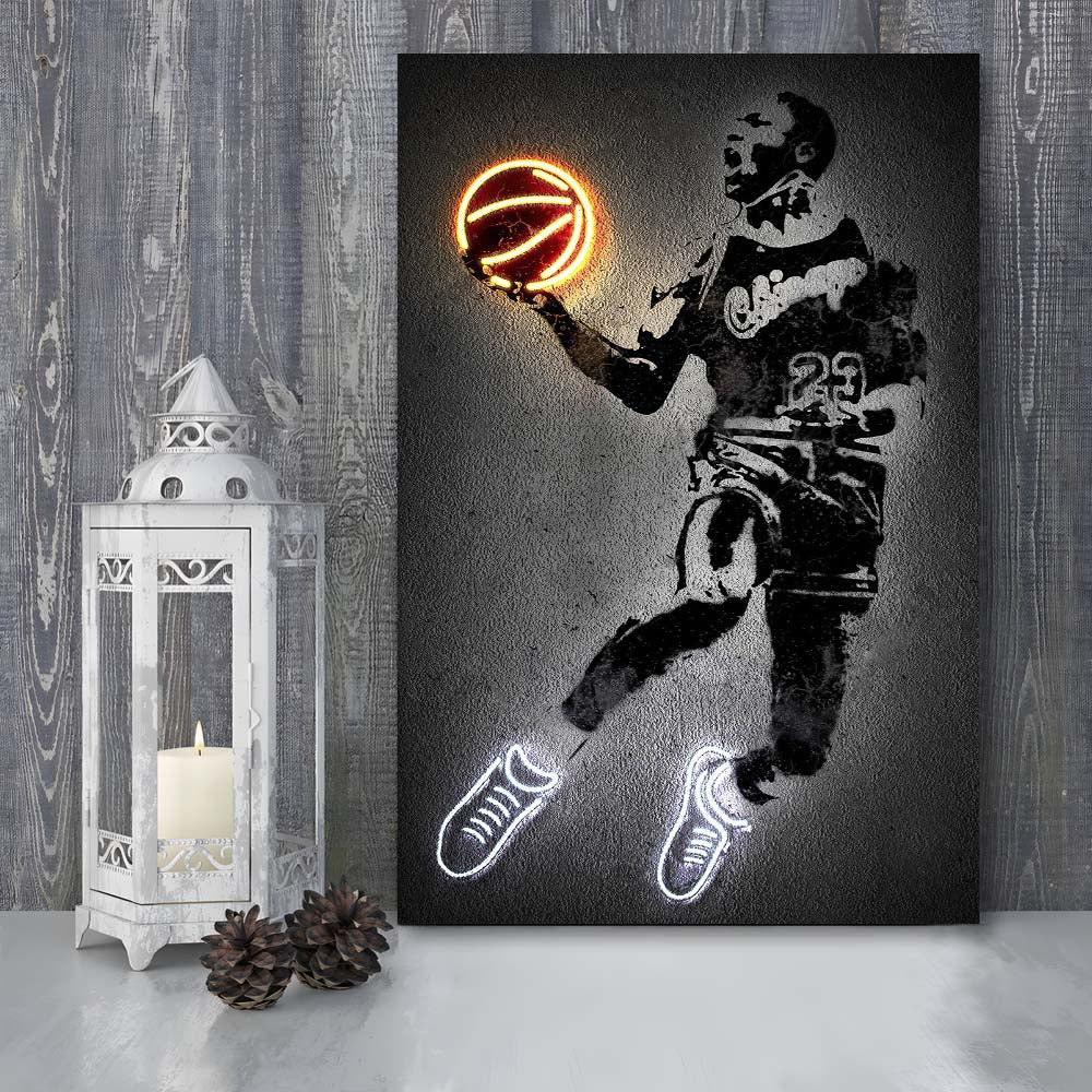 Neon Sign Effect Effect Art MJ Jordan Basketball, Canvas Print, Luxury Wall Art Decor, Modern Art