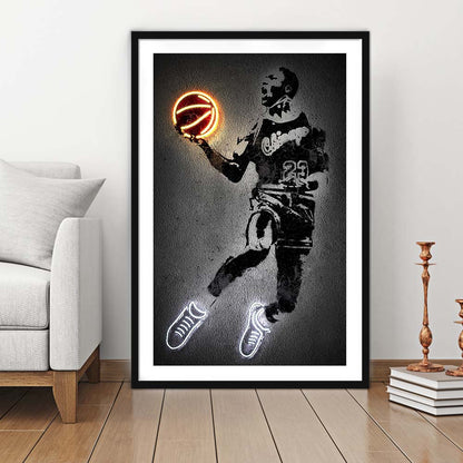 Neon Sign Effect Effect Art MJ Jordan Basketball, Framed Art Print, Luxury Pictures Framed, White Border