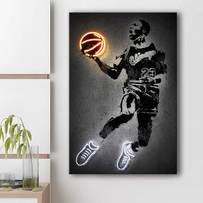 Neon Sign Effect Effect Art MJ Jordan Basketball, Canvas Print, Luxury Wall Art Decor, Modern Art