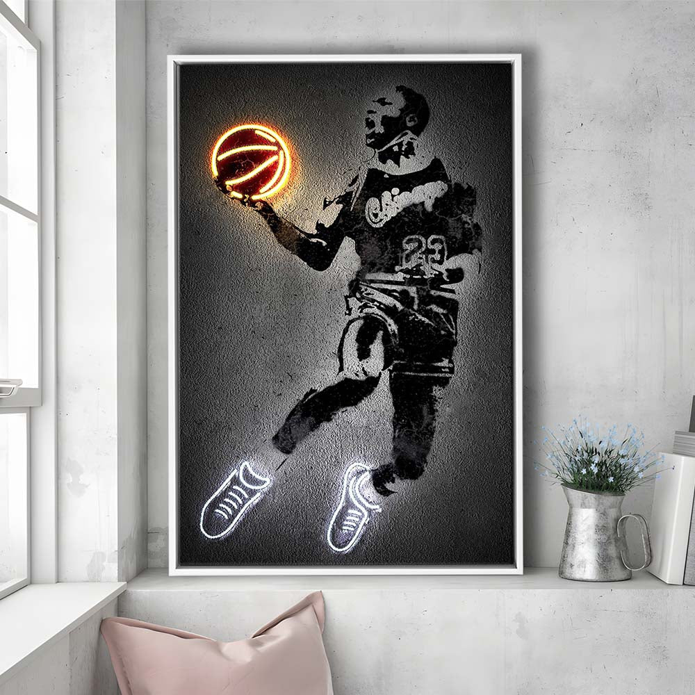 Neon Sign Effect Effect Art MJ Jordan Basketball, Framed Canvas Print, Floating Frame, Luxury Wall Art Decor