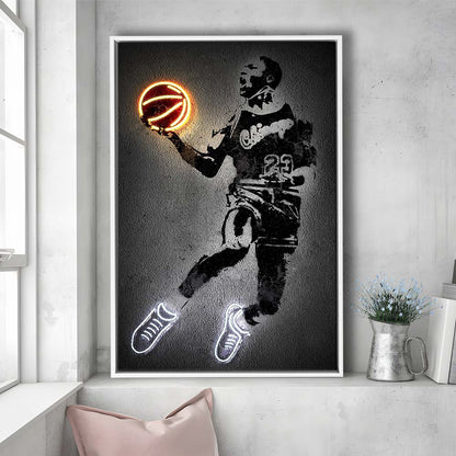 Neon Sign Effect Effect Art MJ Jordan Basketball, Framed Canvas Print, Floating Frame, Luxury Wall Art Decor